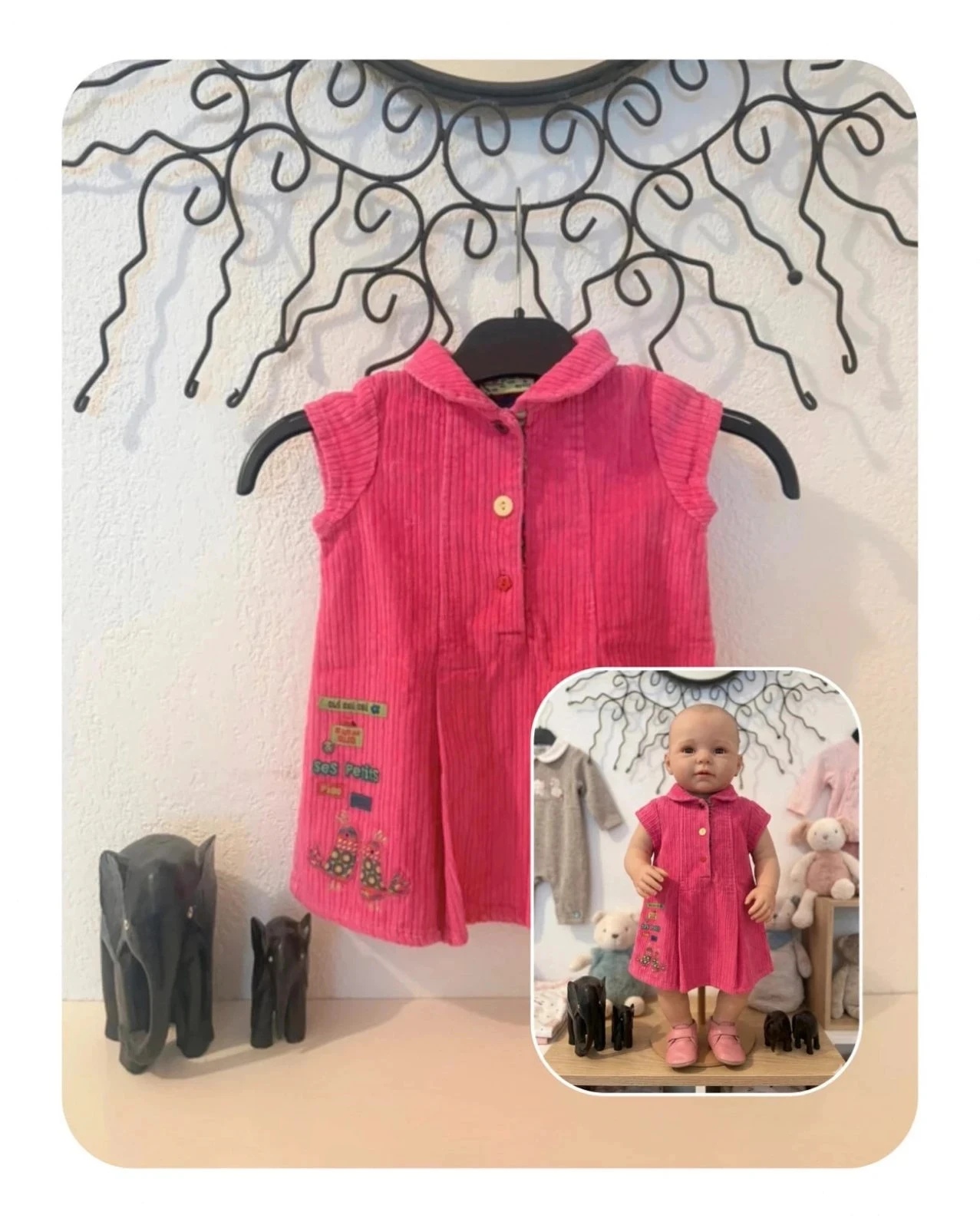 Robe trapèze en velours côtelé fuchsia et broderies oiseaux - DPAM - 6 mois